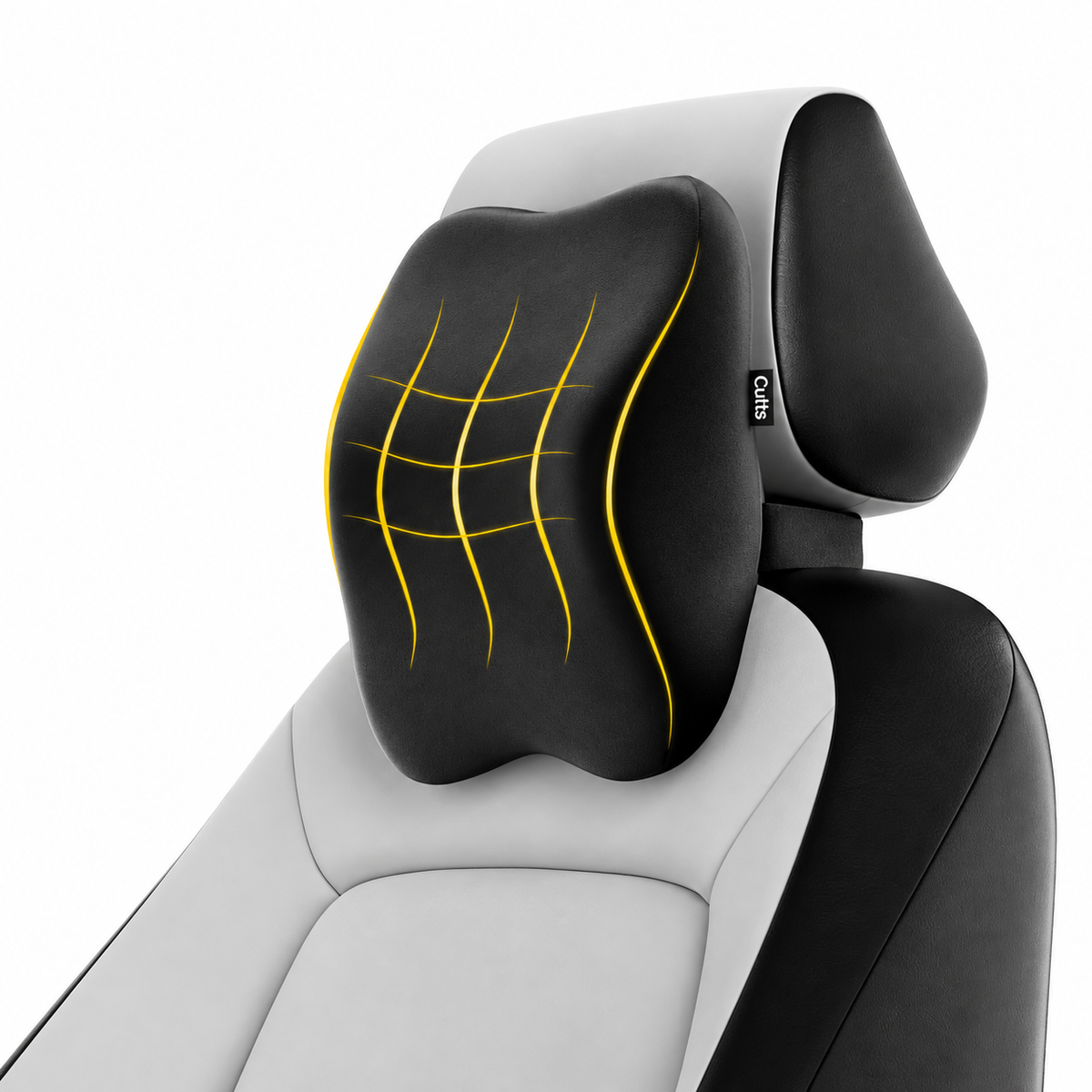 A black car seat neck pillow with yellow grid lines and a small black &