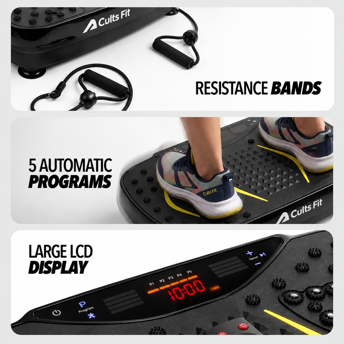 Cults Fit vibration plate exercise machine shown in a three-panel collage highlighting key features: resistance bands, a person stepping onto the platform with text reading &