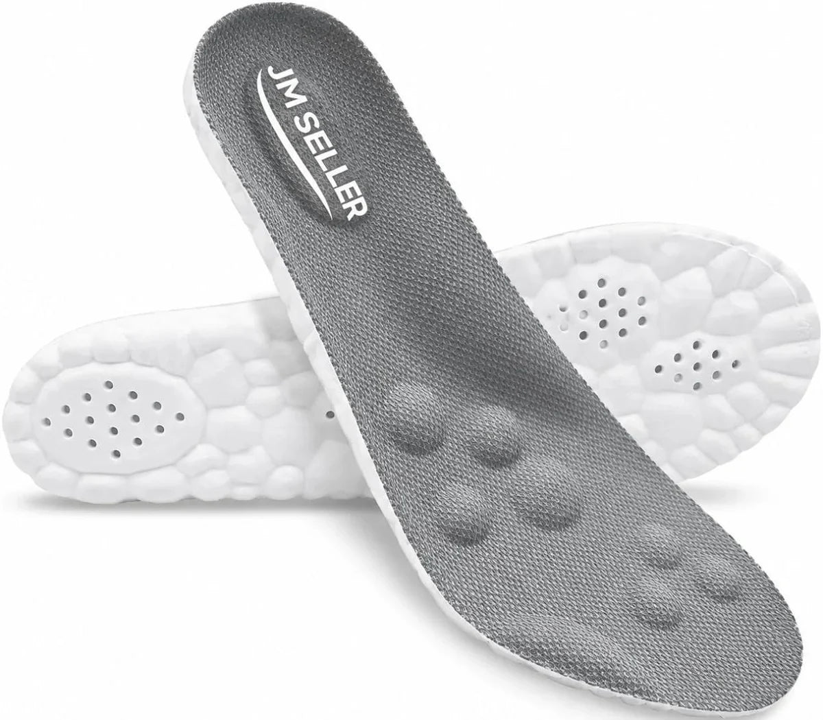 Two gray and white shoe insoles, with one insole shown from the top and the other from the bottom, featuring the brand name 'Cults Fit' printed on the gray upper.