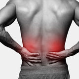 A cropped male torso with a red highlighted lower back and waist, suggesting back pain or an injury, on a plain light background.