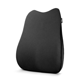 A black ergonomic lumbar support pillow with a textured fabric cover, shown from a three-quarters angle on a white background.