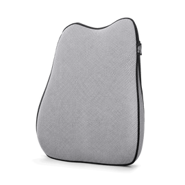 A light gray textured lumbar support pillow with black piping and a zipper, shown on a plain white background.