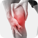A close-up illustration of a person holding a bent knee with both hands, with a red pain/glow effect over the knee area. No visible product is shown.
