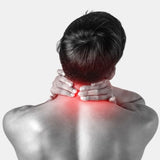 A person shown from the back with a neck and upper shoulder highlighted in red to indicate neck pain or stiffness, on a plain light gray background.