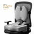 A light gray ergonomic office chair cushion set with a contoured seat cushion and matching backrest support pad, shown on a black mesh office chair. The text &