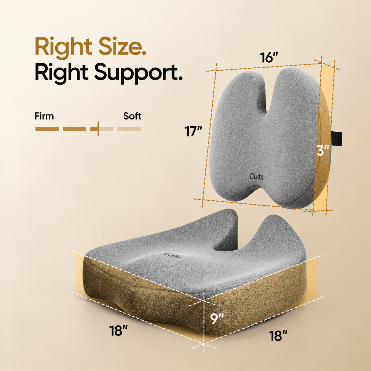 A dual-hump contoured seat cushion shown with dimension callouts and a softness/compression scale. The product is light gray on top with a tan/brown side and base, photographed on a warm beige background with text reading &