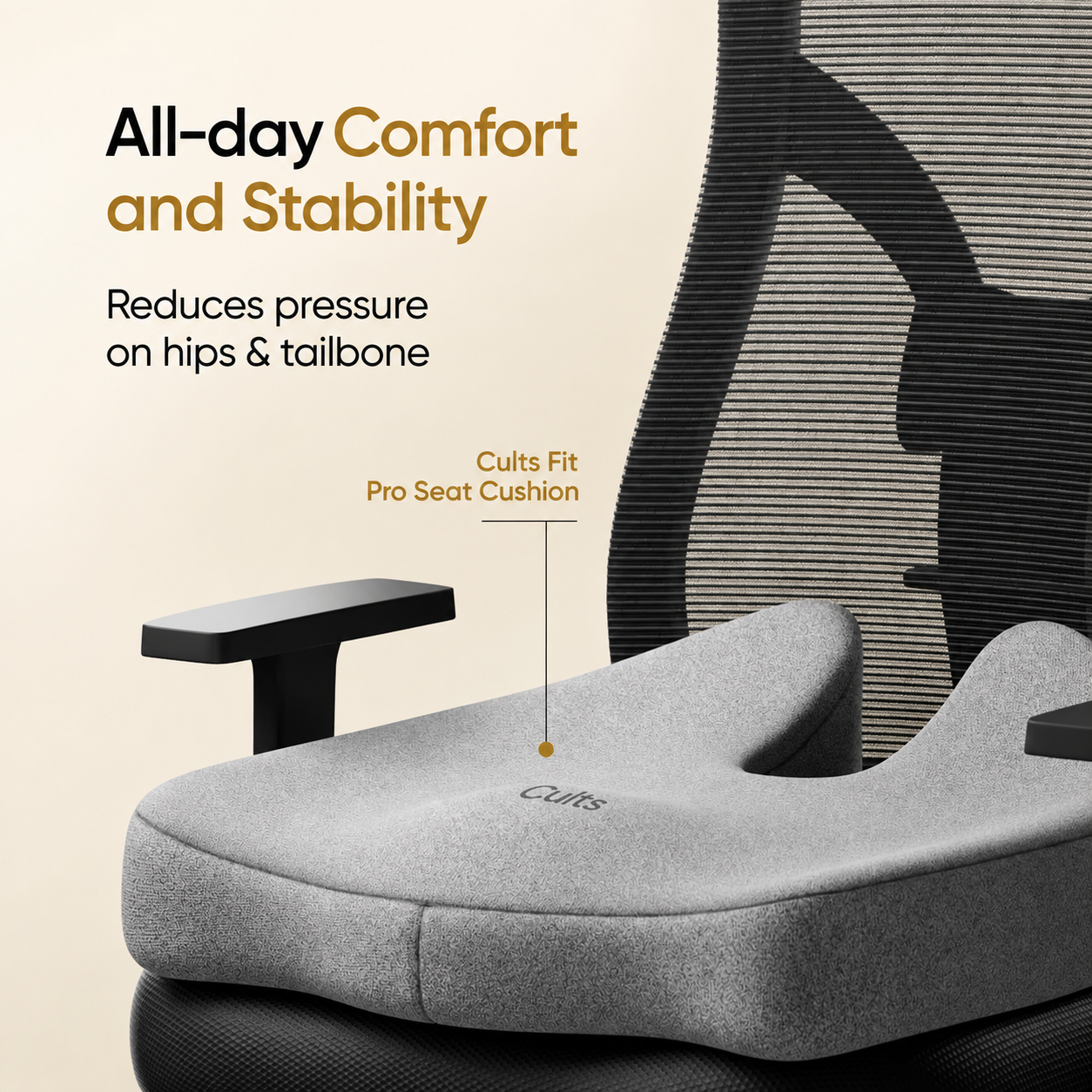 A gray contoured seat cushion shown installed on an office chair, with marketing text reading &