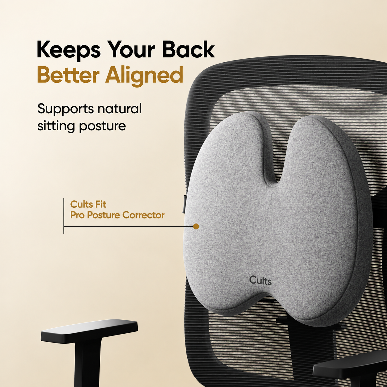 A gray U-shaped back support pillow by Cults shown attached to a black mesh office chair. The image includes marketing text that reads &