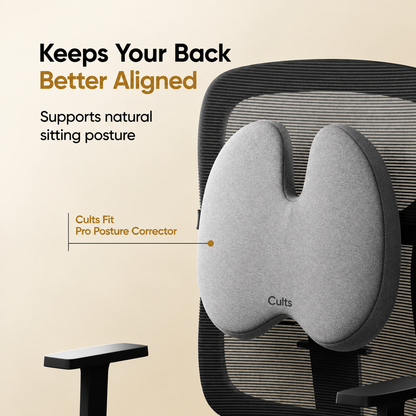 A gray U-shaped back support pillow by Cults shown attached to a black mesh office chair. The image includes marketing text that reads &