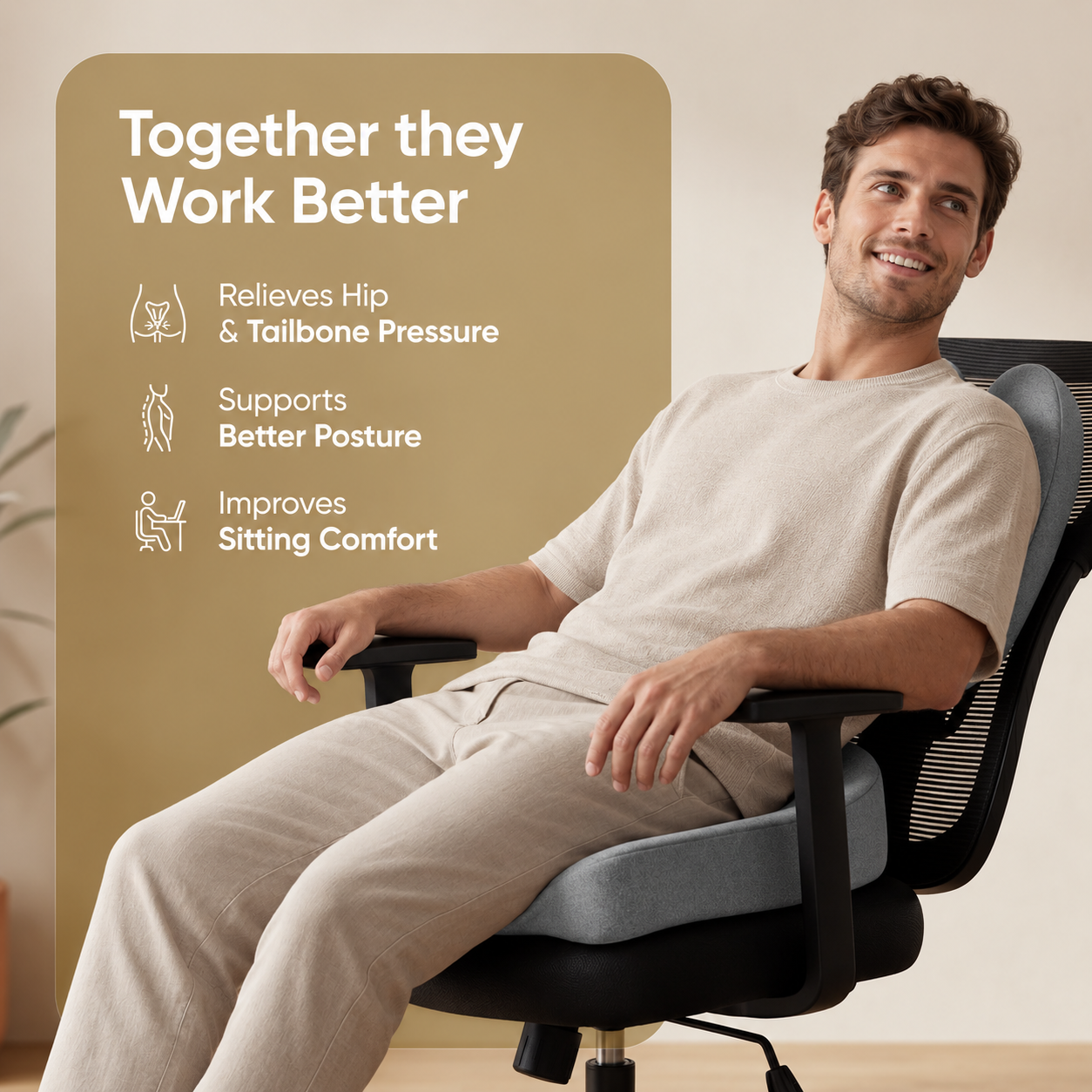 A man wearing a beige t-shirt and trousers sits relaxed in a black mesh office chair with a light gray lumbar support cushion. A beige graphic overlay on the left lists benefits: &