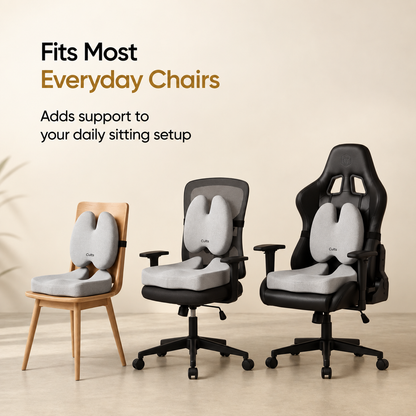 Three ergonomic office chair backrest cushion supports shown on different chair styles against a warm beige studio background. Text at top reads &
