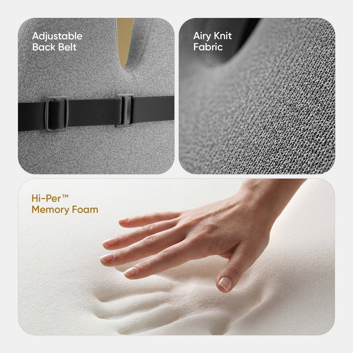 Product features including adjustable back belt, airy knit fabric, and Hi-Per memory foam with a hand touch test.