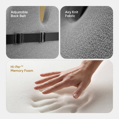 Product features including adjustable back belt, airy knit fabric, and Hi-Per memory foam with a hand touch test.