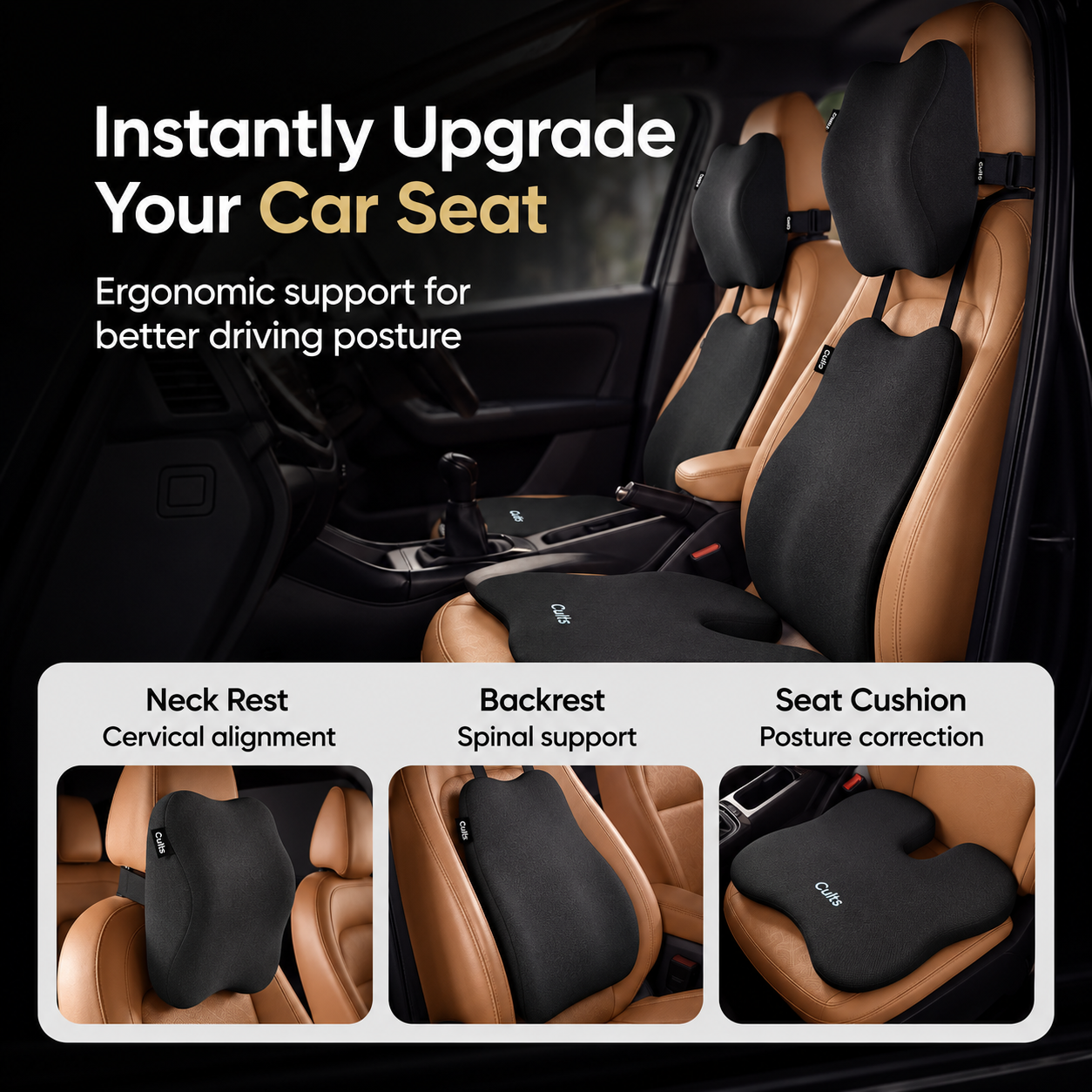 Car seat lumbar support set shown installed inside a vehicle cabin, with text reading &
