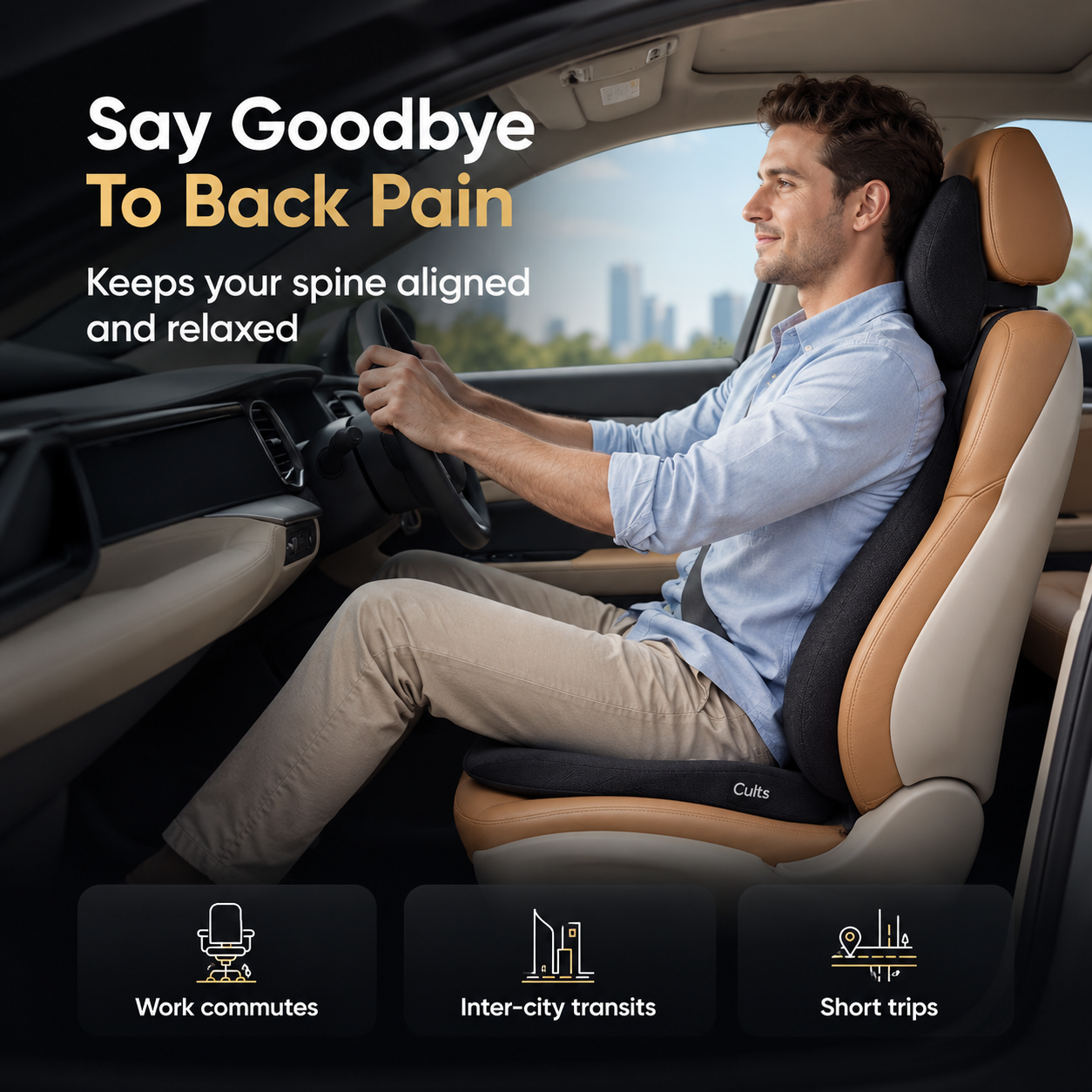 A man driving a car while wearing a Culti back support seat cushion. The advertisement features text reading &
