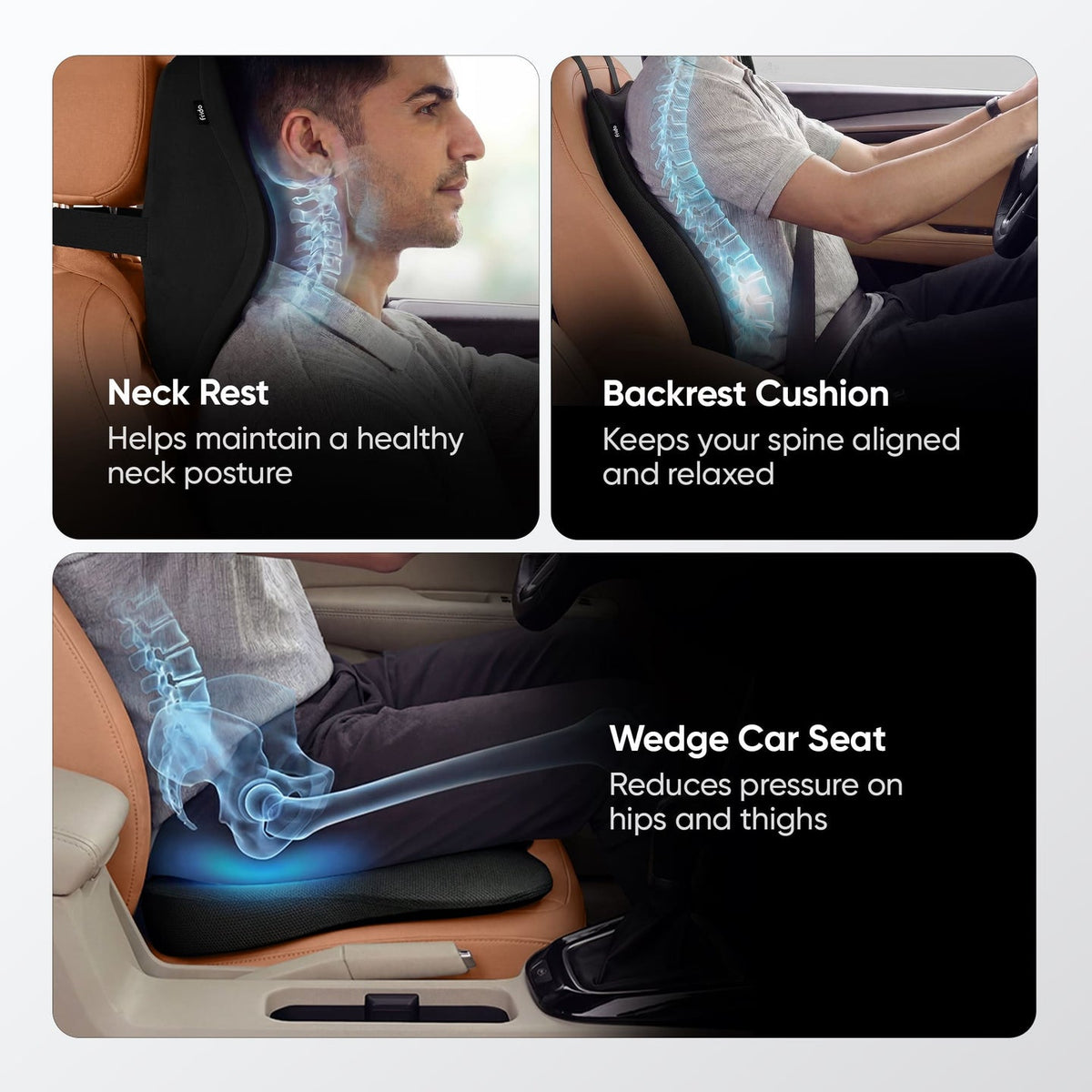 Three-panel promotional graphic showing a car seat massage/health support product in use inside a car. The top-left panel shows a man wearing a neck rest support with text reading &
