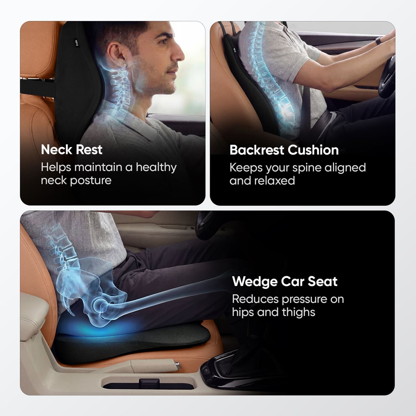 Three-panel promotional graphic showing a car seat massage/health support product in use inside a car. The top-left panel shows a man wearing a neck rest support with text reading &