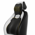 A car seat backrest and headrest support cushion set in black and white with yellow contrast stitching and yellow grid line graphics on the headrest, shown on a white background.