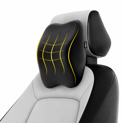 A black car seat neck pillow with yellow grid lines and a small black &