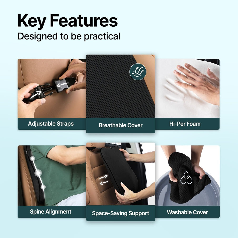 Key features of a product designed for comfort and practicality, including adjustable straps, breathable cover, high-performing foam, spine alignment, space-saving support, and washable cover.