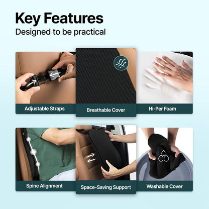 Key features of a product designed for comfort and practicality, including adjustable straps, breathable cover, high-performing foam, spine alignment, space-saving support, and washable cover.