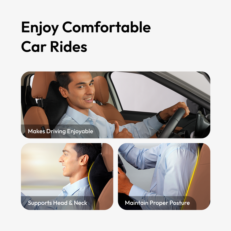 Advertisement for car seat comfort with a man driving and sitting inside a vehicle.