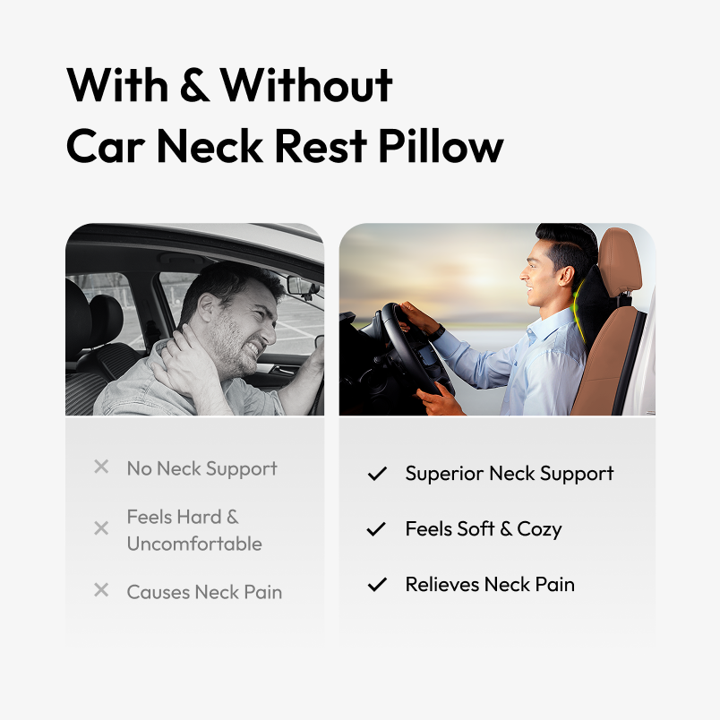 Comparison of using a car neck rest pillow with and without it, showing a person with and without the pillow.