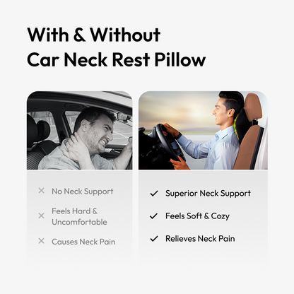 Comparison of using a car neck rest pillow with and without it, showing a person with and without the pillow.