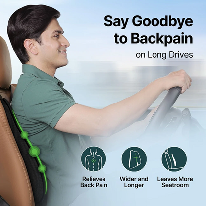 Person driving a car with a back support device, text &