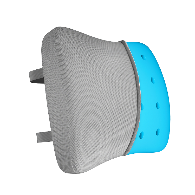 Gray and blue back support pillow on a white background