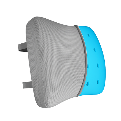 Gray and blue back support pillow on a white background