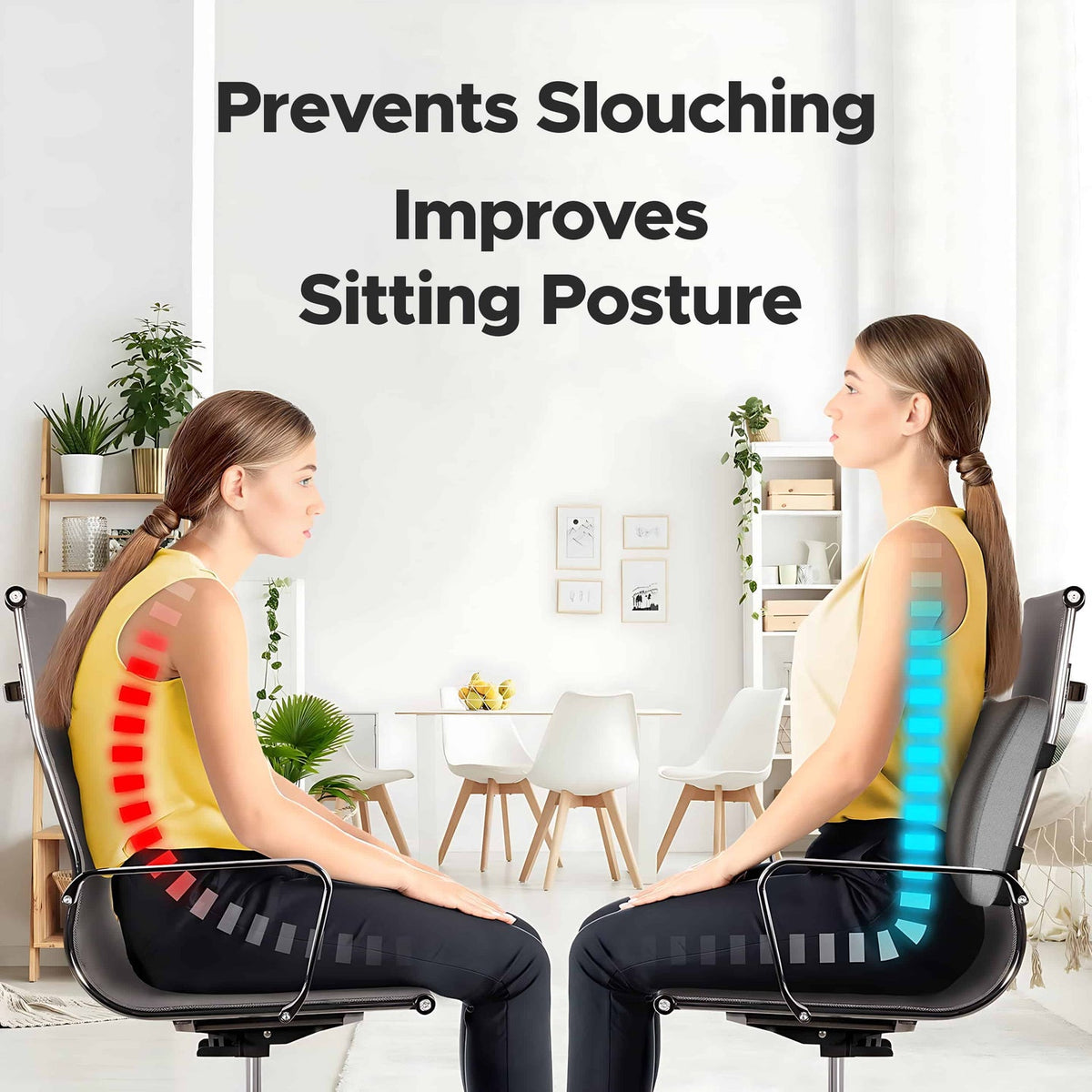 Chair with back support showing before and after posture improvement in a home office setting.