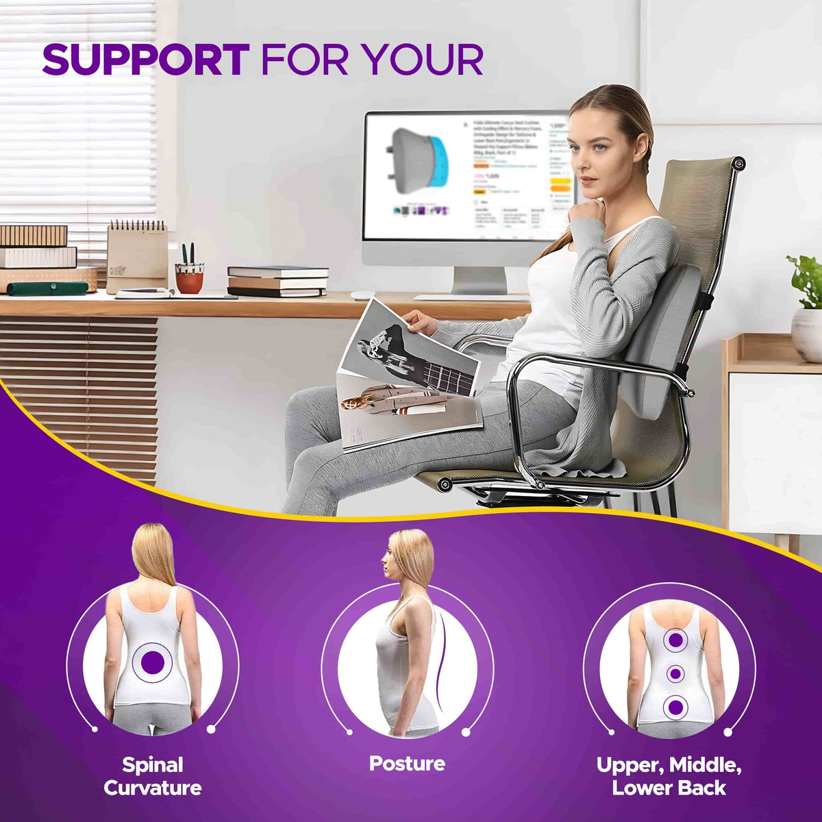 Woman sitting at a desk with a back support device, surrounded by text and graphics about back support.