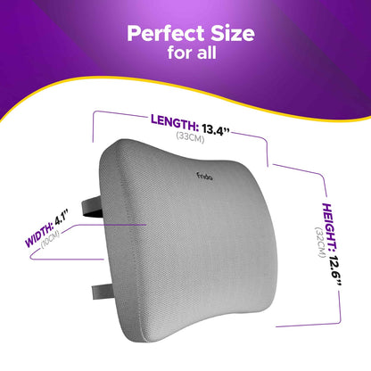 Gray pillow with measurements on a purple and white background