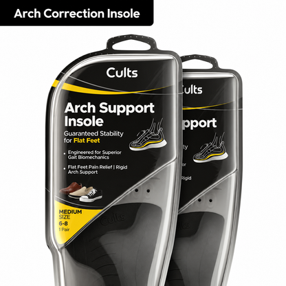Two Cults Arch Support Insoles in clear plastic packaging, shown against a white background with a black header that reads &