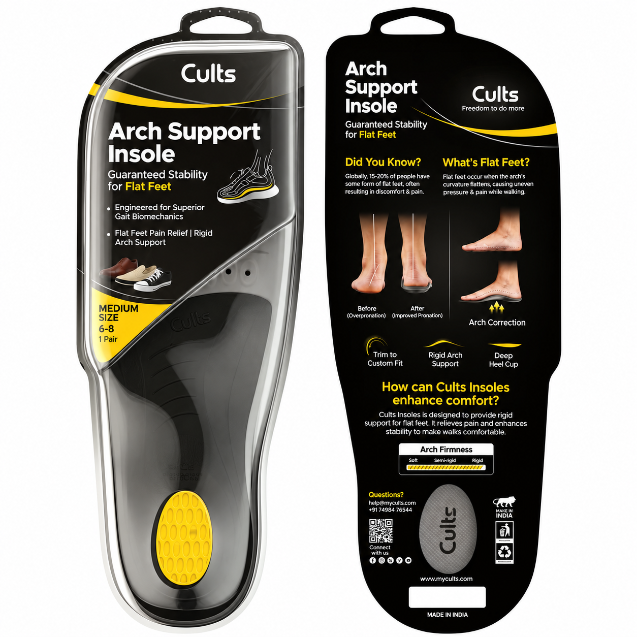 Cults Arch Support Insole shown in its retail blister packaging alongside the back of the packaging card, featuring black, yellow, and white design with product details and foot comparison graphics.