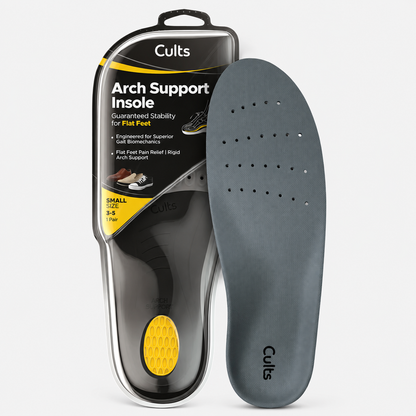 Cults Arch Support Insole shown next to its retail packaging. The insole is dark gray with a row of ventilation holes and the brand name &