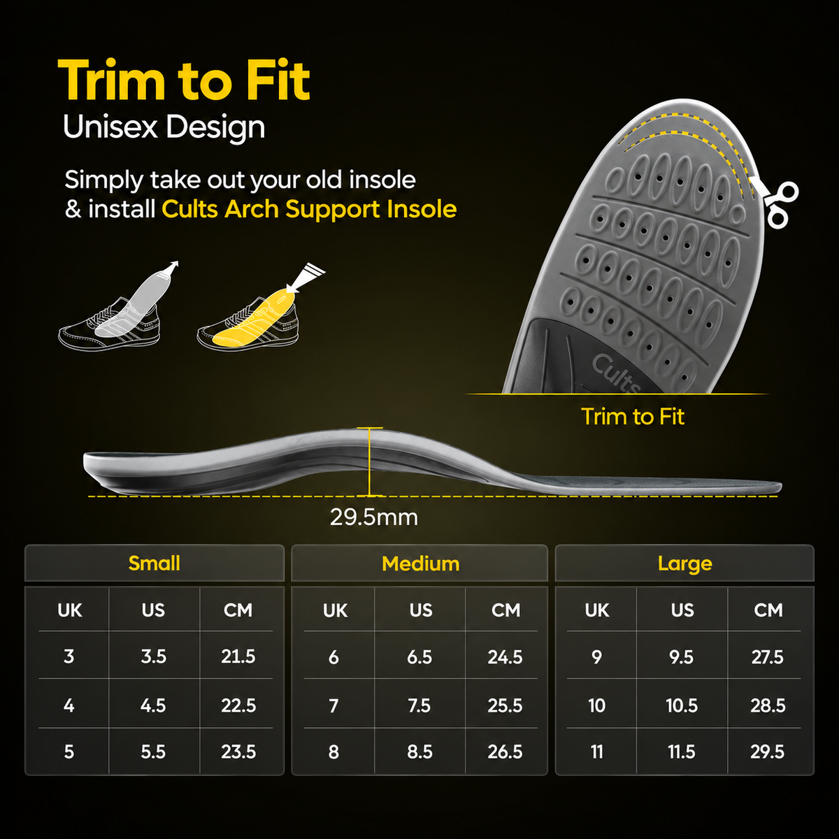 Cults Arch Support Insole fit guide showing a unisex design, installation steps with shoe and foot illustrations, a side profile of the 29.5mm support insole, and a size conversion table for Small, Medium, and Large.