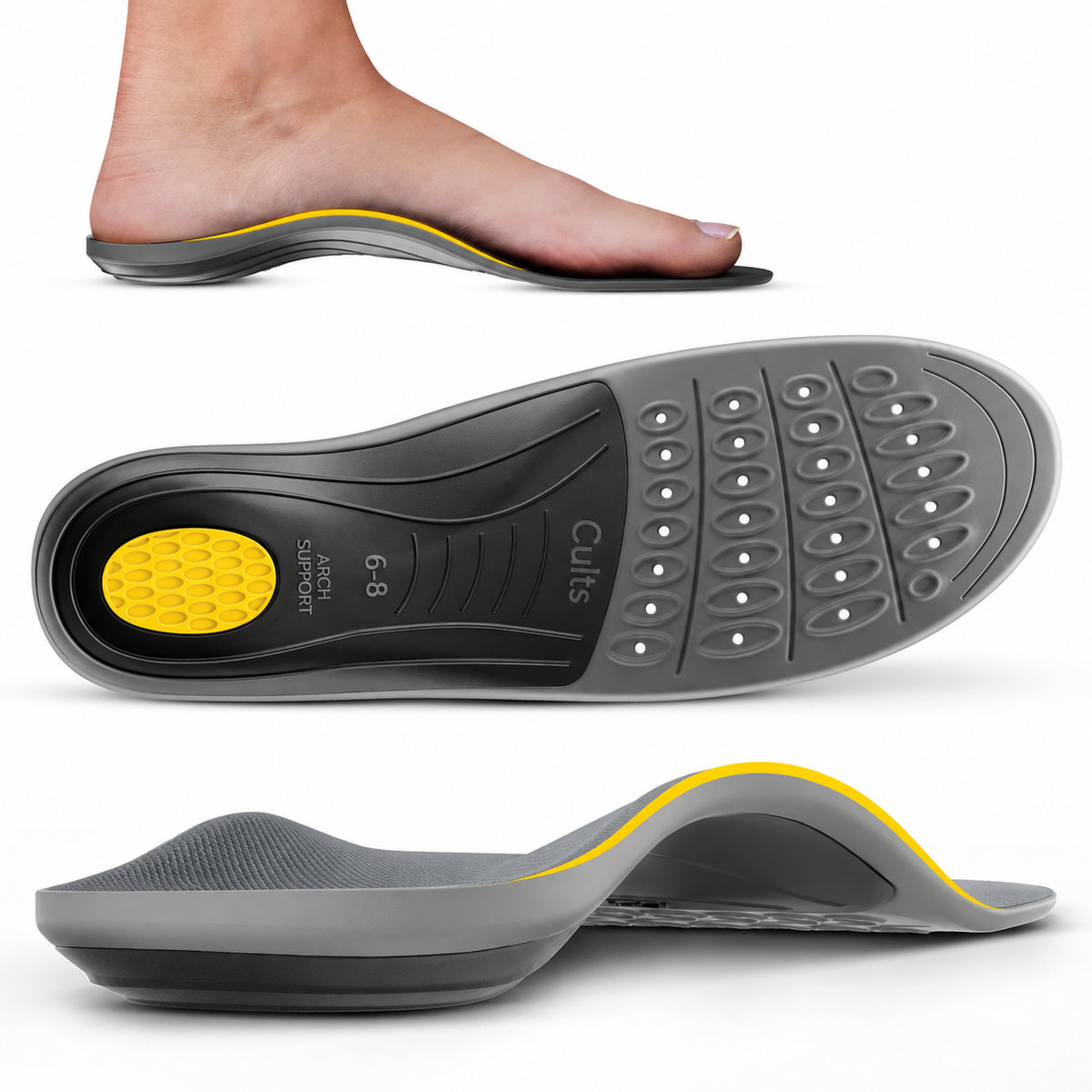 Three views of a gray and black orthopedic shoe insert with a bright yellow heel accent, shown on a white background. The top view shows a human foot wearing the insert, and the bottom two views show the top and bottom surfaces of the insert.