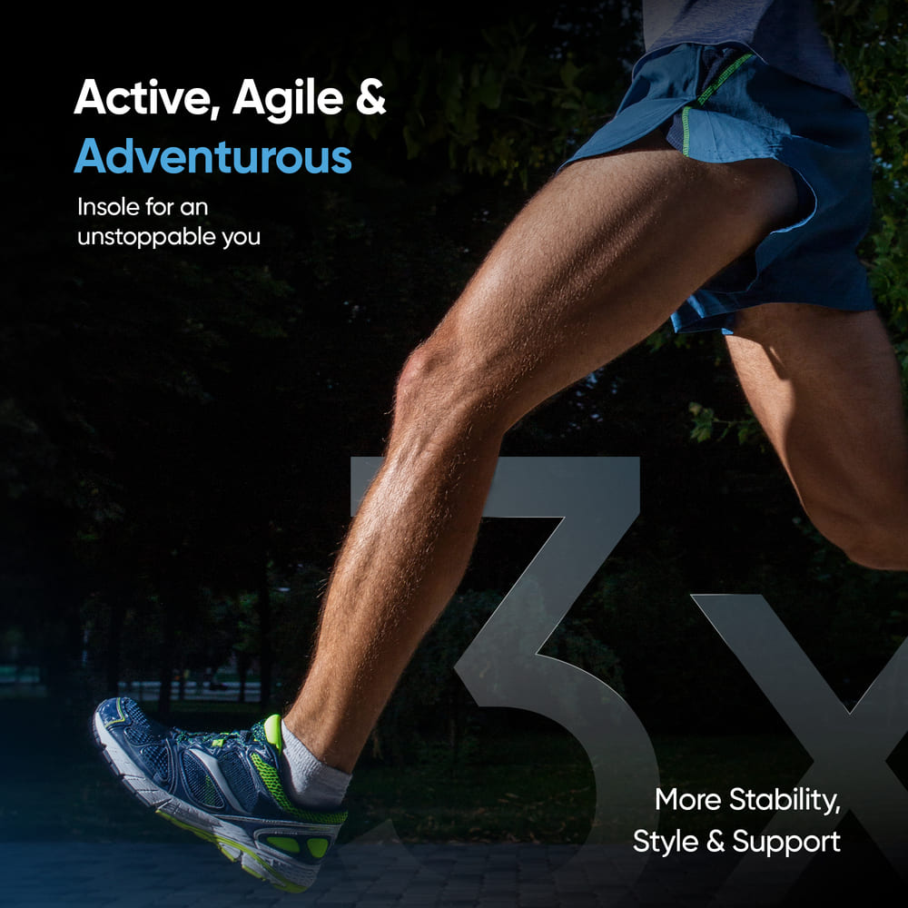 Person running with text about active, agile, and adventurous insoles