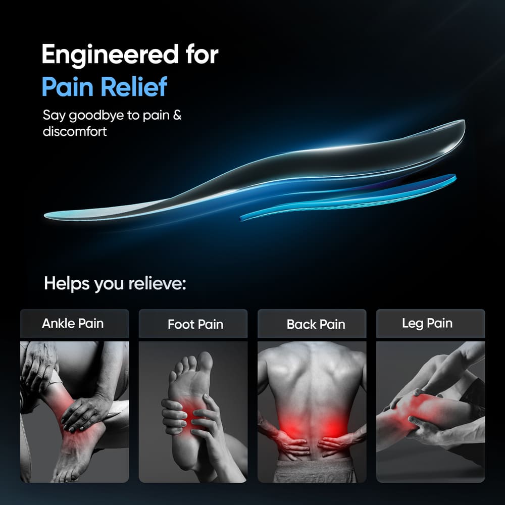 Pain relief product with images of pain locations and text on a dark background