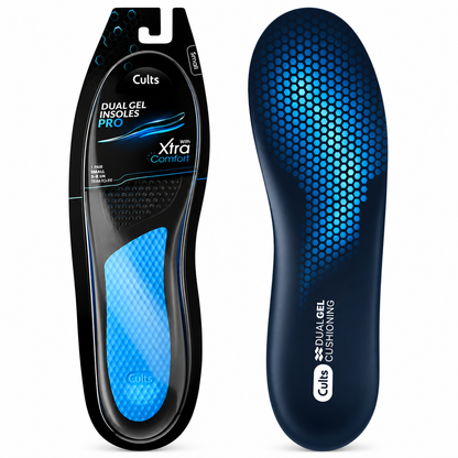 Front and back views of a Cults Dual Gel Insoles Pro Xtra Comfort replacement shoe insert on a white background.