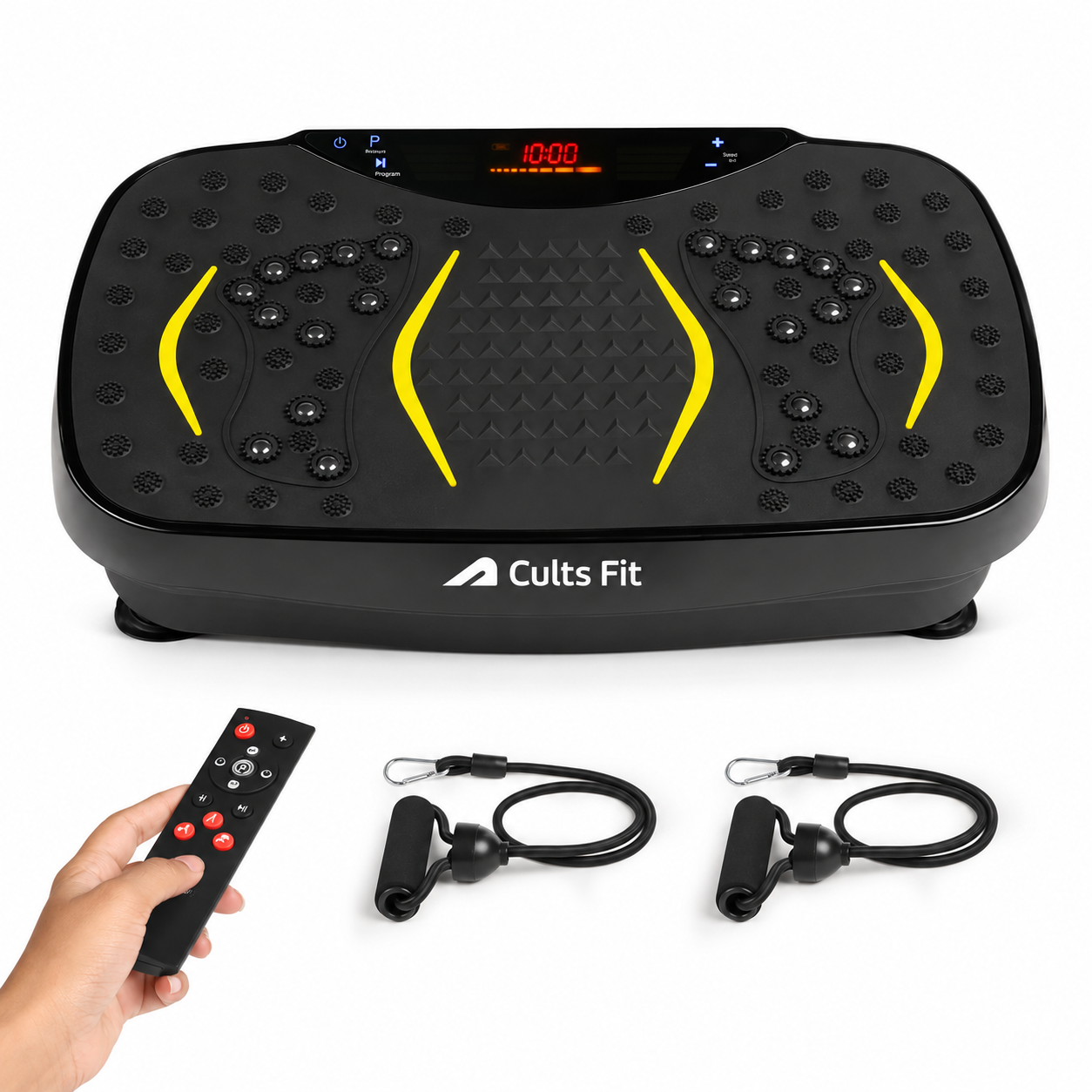 Black Cults Fit vibration plate exercise machine with yellow accent lines, shown with a handheld remote control and two black ear hooks on a white background.