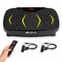Black Cults Fit vibration plate exercise machine with yellow accent lines, shown with a handheld remote control and two black ear hooks on a white background.