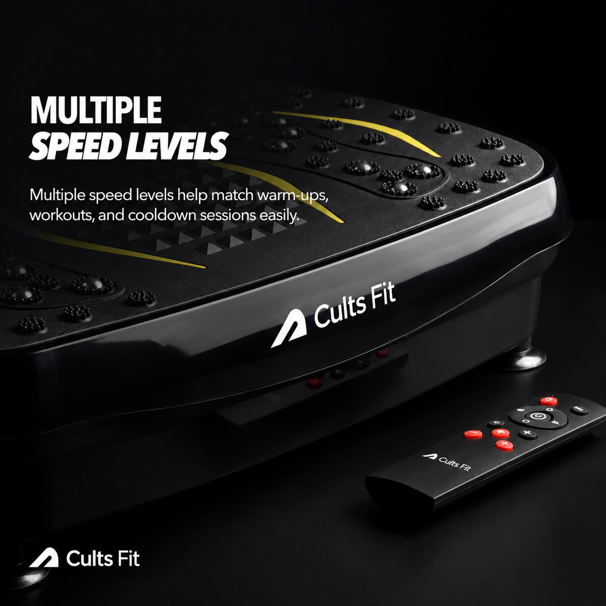 Black Cults Fit vibration plate exercise machine with yellow accent lines and a matching remote control on a dark background, with promotional text reading &