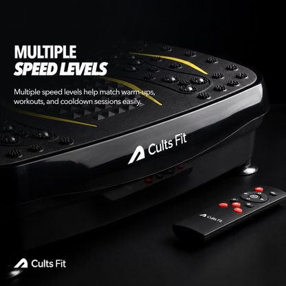 Black Cults Fit vibration plate exercise machine with yellow accent lines and a matching remote control on a dark background, with promotional text reading &