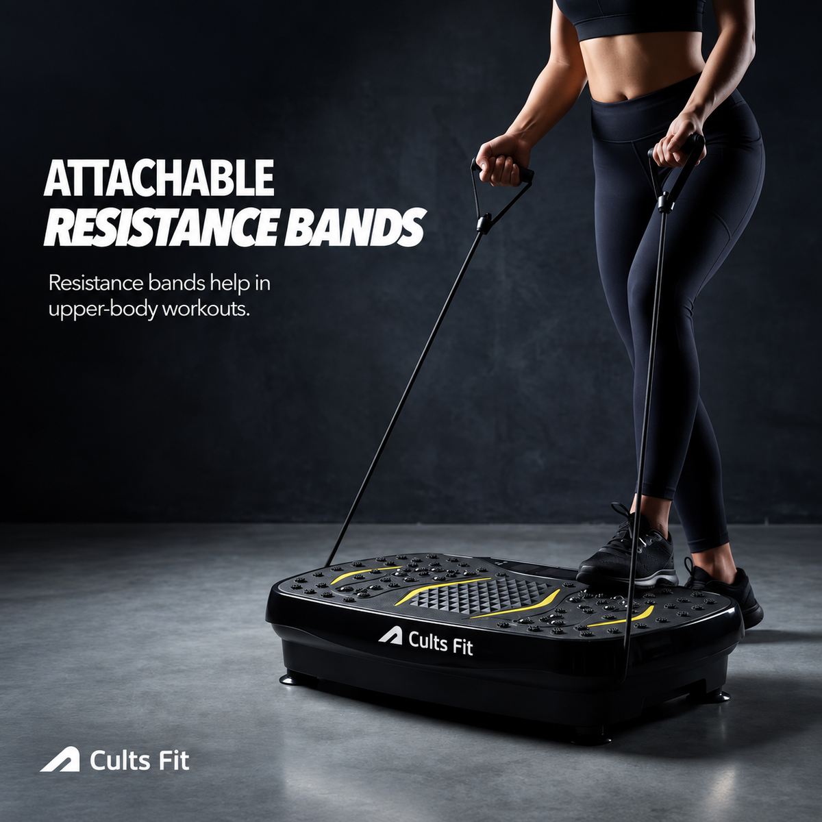 A person in black workout clothing stands on a Cults Fit vibration plate exercise platform, pulling resistance bands attached to the platform handles against a dark studio background. Large text on the left reads &