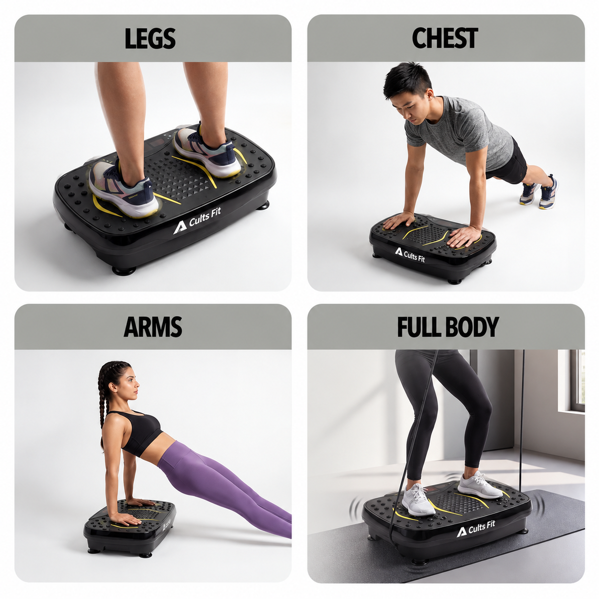 Four-panel fitness platform demonstration showing the Cubi Fit Flex platform being used for legs, chest, arms, and full body exercises, with labeled panels and a clean studio background.