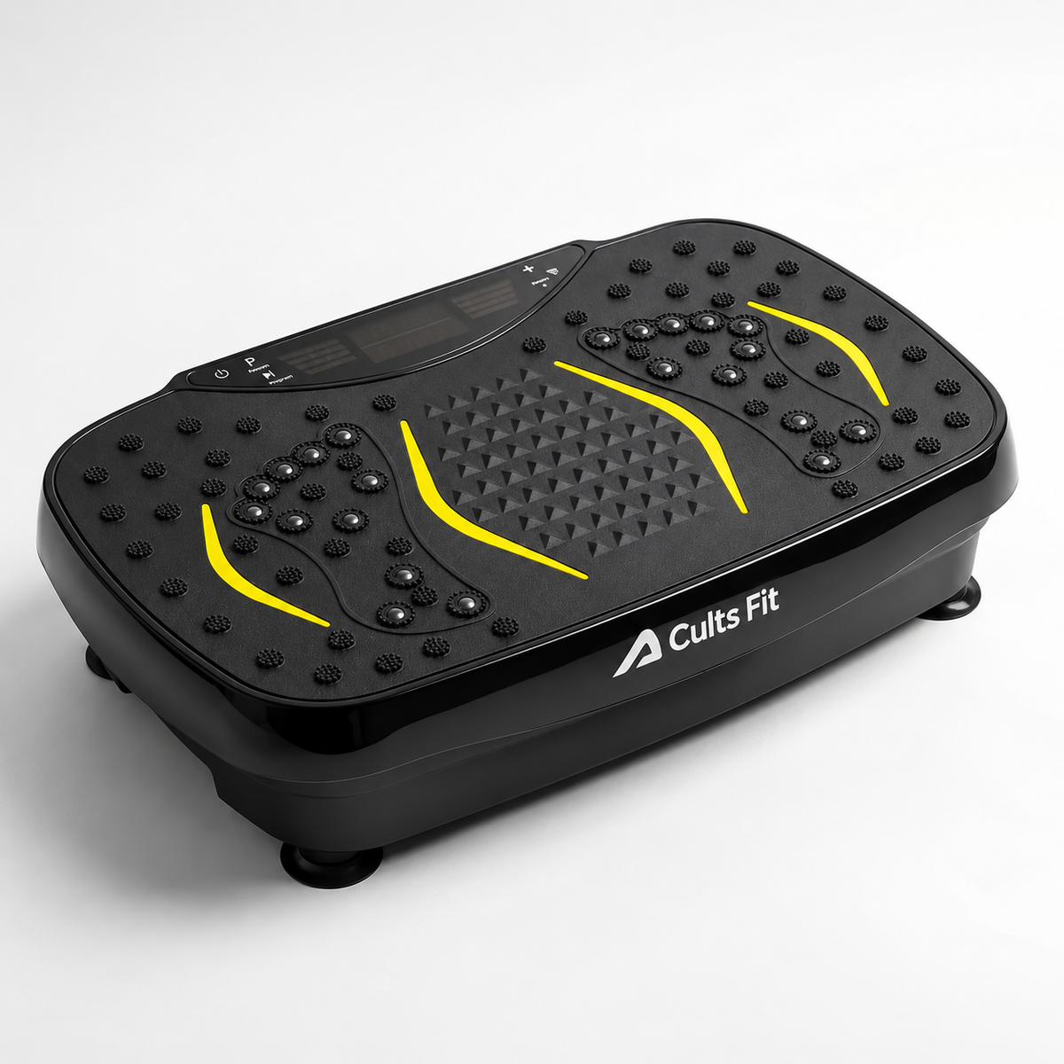 A Cults Fit vibration plate exercise machine in black with bright yellow accent lines and white brand lettering, shown on a clean white background.