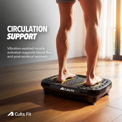 A person standing barefoot on a Cults Fit vibration plate in a bright indoor space with wood flooring. Large text on the left reads &